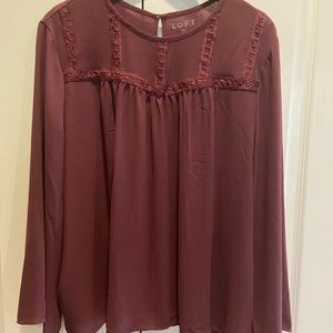 LOFT Long Sleeve Mixed Media Wine Top XXL